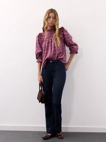 Nöista  Loose-Fitting Long-Sleeved Shirt Abstract Geometric Ruffled. Retro, Elegant, Cute, Youthful, Sweet; Dates, Parties, Travel. Fall Winter,Going Out. - Purple - View 5