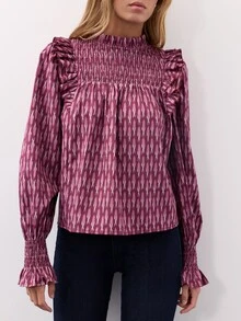 Nöista  Loose-Fitting Long-Sleeved Shirt Abstract Geometric Ruffled. Retro, Elegant, Cute, Youthful, Sweet; Dates, Parties, Travel. Fall Winter,Going Out. - Purple - View 4