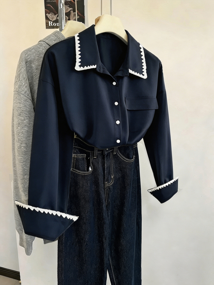 GlowEve CURVE Plus Size Women's Elegant Office Long Sleeve Blouse With Decorative Front Buttons Fall - Navy Blue - View 1