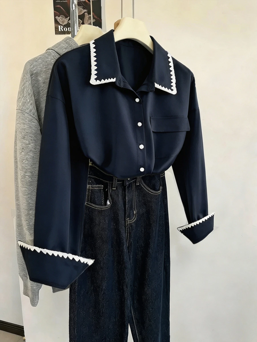 GlowEve CURVE Plus Size Women's Elegant Office Long Sleeve Blouse With Decorative Front Buttons Fall - Navy Blue - View 1