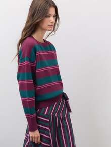 Nöista Round Neck,Loose Fit,Dropped,Horizontal Striped Long-Sleeved Sweater.Casual, Comfortable, Urban, School,Commuting, Parties. Fall Winter,Going Out - Purple - View 1