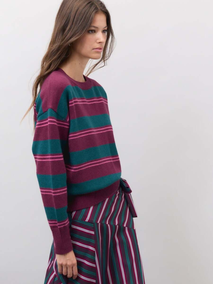 Nöista Round Neck,Loose Fit,Dropped,Horizontal Striped Long-Sleeved Sweater.Casual, Comfortable, Urban, School,Commuting, Parties. Fall Winter,Going Out - Purple - View 1