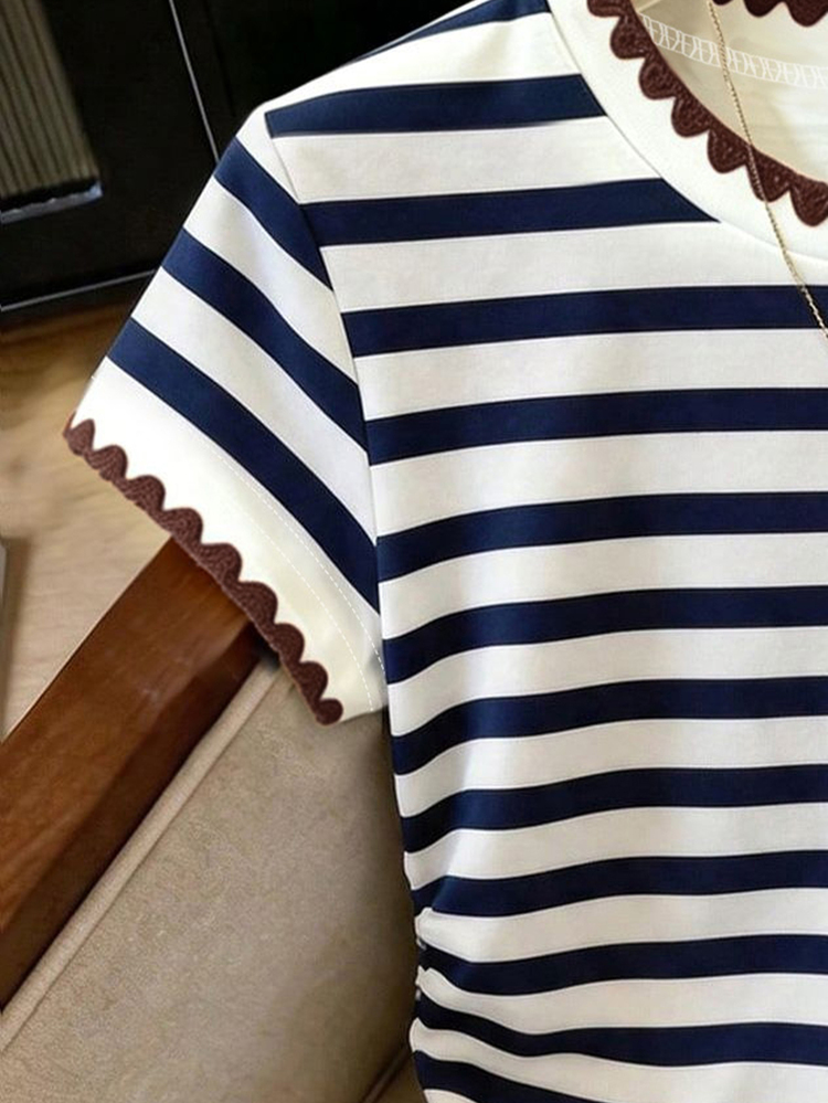 Rafferiza Women's Outerwear Top, Summer New Style, Fashionable Versatile, Student, Multi-Color Striped Print, Dog Tooth, Hemming Craft, Holiday Outfit, Slim Fit Waist, Women's T-Shirt - Multicolor - View 4