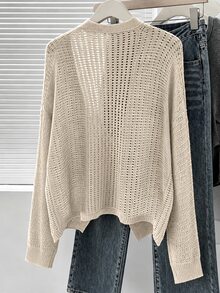 Grovea Autumn Deep V-Neck, Batwing Sleeve, Button, Exposed Waist, Asymmetrical Hem, Slimming Loose Fit, Casual, Formal Business, Grey Plus Size Cardigan - Apricot - View 4