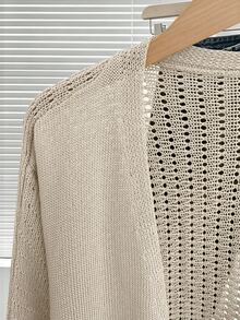 Grovea Autumn Deep V-Neck, Batwing Sleeve, Button, Exposed Waist, Asymmetrical Hem, Slimming Loose Fit, Casual, Formal Business, Grey Plus Size Cardigan - Apricot - View 6
