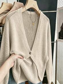 Grovea Autumn Deep V-Neck, Batwing Sleeve, Button, Exposed Waist, Asymmetrical Hem, Slimming Loose Fit, Casual, Formal Business, Grey Plus Size Cardigan - Apricot - View 5