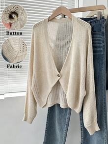 Grovea Autumn Deep V-Neck, Batwing Sleeve, Button, Exposed Waist, Asymmetrical Hem, Slimming Loose Fit, Casual, Formal Business, Grey Plus Size Cardigan - Apricot - View 3