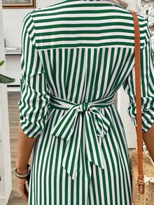 Pariaura Blue & White Striped French Twist Front Decor Contraction Mid-Length Sleeve Women's Summer Long Dress With Button Maxi Women Outfit - Green - View 3