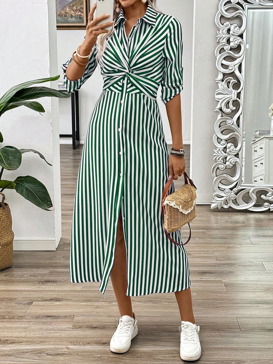 Pariaura Blue & White Striped French Twist Front Decor Contraction Mid-Length Sleeve Women's Summer Long Dress With Button Maxi Women Outfit - Green - View 1