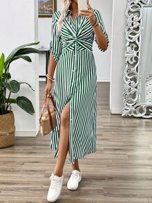Pariaura Blue & White Striped French Twist Front Decor Contraction Mid-Length Sleeve Women's Summer Long Dress With Button Maxi Women Outfit - Green - View 5