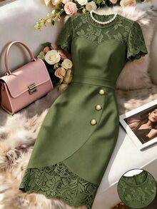 Elenzga 春夏新款優雅成熟修身對比蕾絲透視心形領收腰性感緊身迷你洋裝 橄欖綠鈕扣 女款 - 橄欖綠 - 查看 3