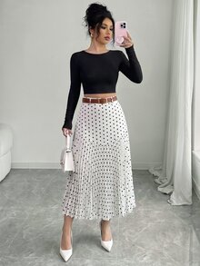Elenzga 女士波点百褶休闲百搭日常穿搭半身裙 - 白色 - 查看 6
