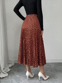 Elenzga 女士波点印花优雅通勤百褶中长裙 - 棕色 - 查看 2