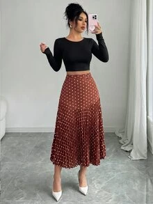 Elenzga 女士波点印花优雅通勤百褶中长裙 - 棕色 - 查看 5