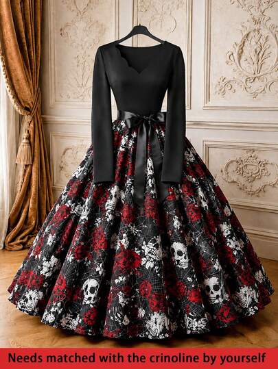 Rometta Plus Size Halloween Skeleton Rose Patchwork Soft Knit Fabric Ruffle Wave Collar V-Neck Long Sleeve Cinched Waist A-Line Knee-Length Dress Elegant For Outing Dating Gathering Party