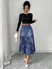 Elenzga Women's Pleated Casual Versatile Daily Wear Skirt - Light Wash - View 6