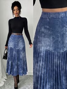 Elenzga Women's Pleated Casual Versatile Daily Wear Skirt - Light Wash - View 1