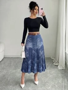 Elenzga Women's Pleated Casual Versatile Daily Wear Skirt - Light Wash - View 3