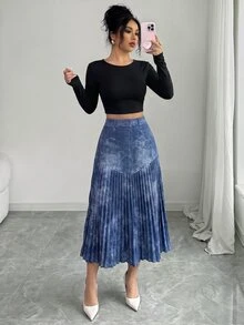 Elenzga Women's Pleated Casual Versatile Daily Wear Skirt - Light Wash - View 5