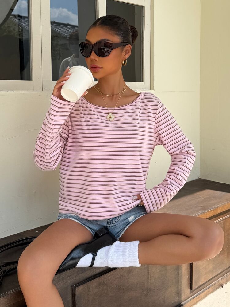 Muchica Women's Autumn New Dusty Pink Knitted Striped Loose Cold Shoulder Long Sleeve Cropped T-Shirt City Break Everyday Casual Streetwear - Pink - View 6