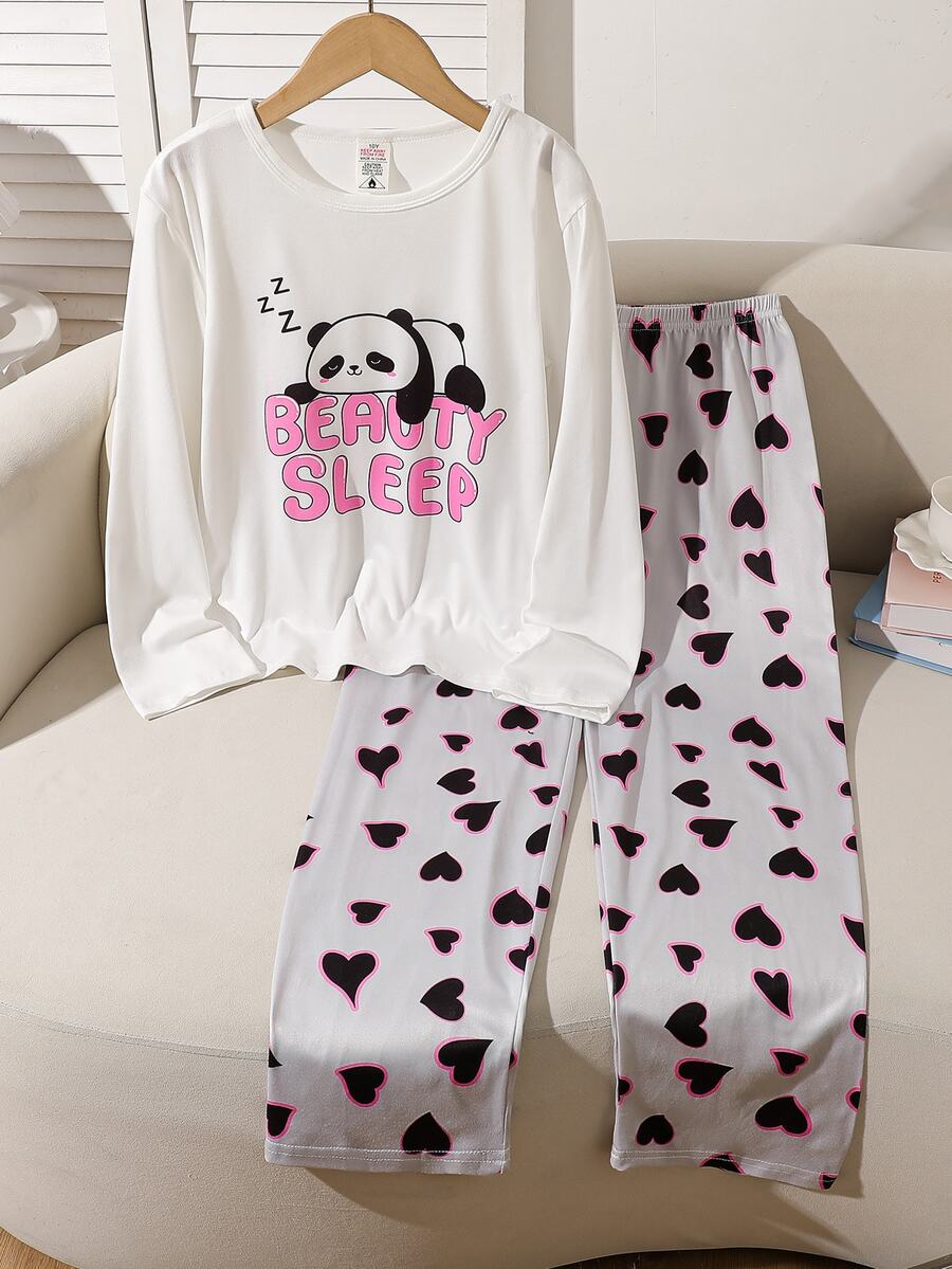 SHEIN Girls Purple Solid Color Top + Plaid Pants Set White Top English Letter + Eyelash Print + Plaid Pants + Hair Scrunchie 4-Piece Set - Multicolor - View 1