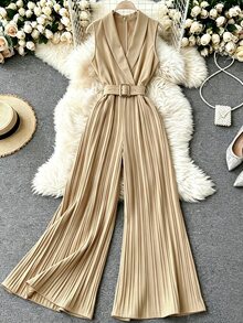 Roelina Jumpsuit Tanpa Lengan Berlipit untuk Wanita, Cocok untuk Kantor dan Bisnis. - Khaki - View 3