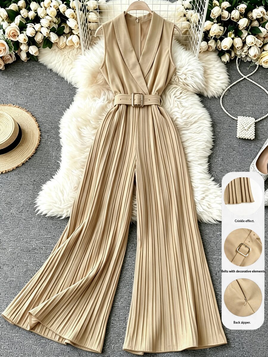 Roelina Jumpsuit Tanpa Lengan Berlipit untuk Wanita, Cocok untuk Kantor dan Bisnis. - Khaki - View 1
