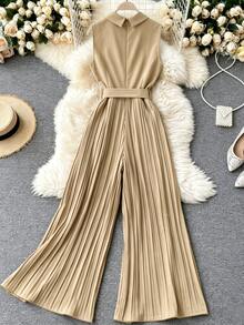 Roelina Jumpsuit Tanpa Lengan Berlipit untuk Wanita, Cocok untuk Kantor dan Bisnis. - Khaki - View 2