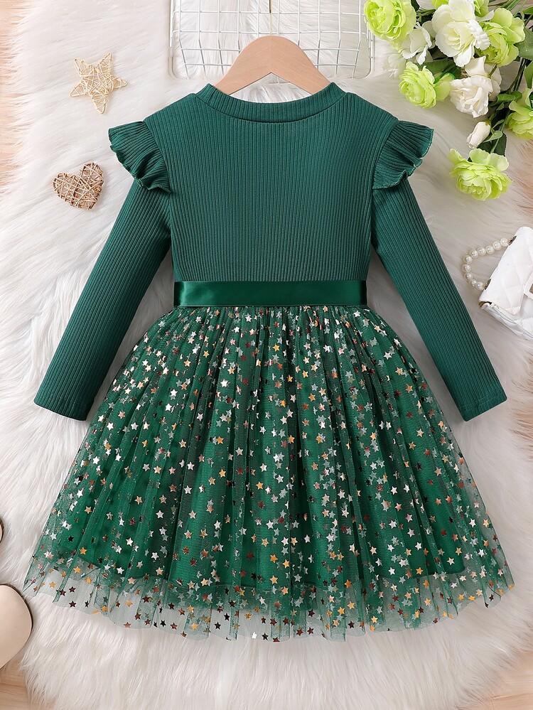 SHEIN Young Girl' Long Sleeve Knit Tulle Star Mesh Princess Fairy Dress Baby Shower Birthday Green Autumn - Green - View 2