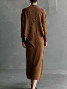 Omancia Sweater Rajut Kabel Lengan Kelelawar & Rok Rajut - Coklat - View 2