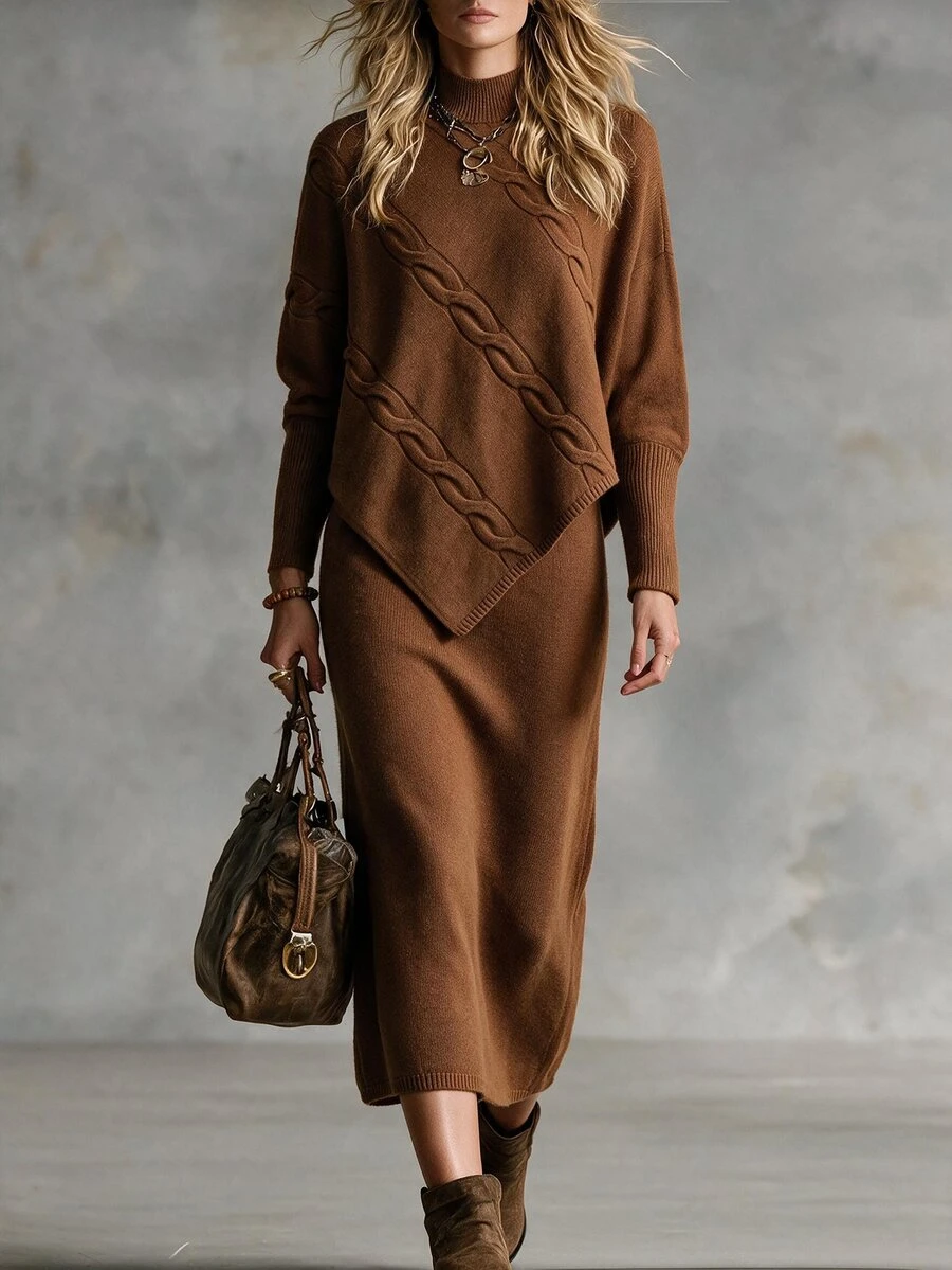 Omancia Sweater Rajut Kabel Lengan Kelelawar & Rok Rajut - Coklat - View 1
