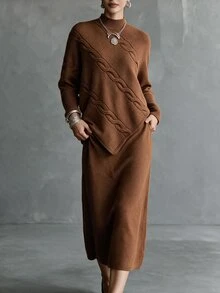Omancia Sweater Rajut Kabel Lengan Kelelawar & Rok Rajut - Coklat - View 3