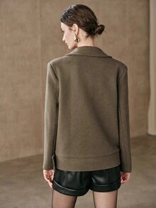 Mantel Wanita Lengan Panjang Anewsta Warna Polos Musim Gugur Awal, Desain Kerah Elegan Baru, Kancing Ganda - Olive Green - View 3