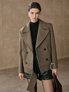 Mantel Wanita Lengan Panjang Anewsta Warna Polos Musim Gugur Awal, Desain Kerah Elegan Baru, Kancing Ganda - Olive Green - View 8