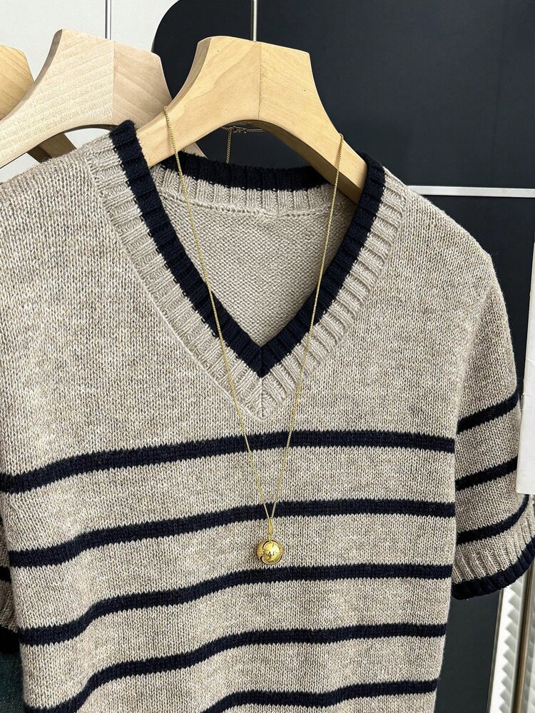 Franclia New Spring/Summer Korean Style Minimalist Casual Loose Fit Striped Colorblock Women's Knit Top - Khaki - View 7