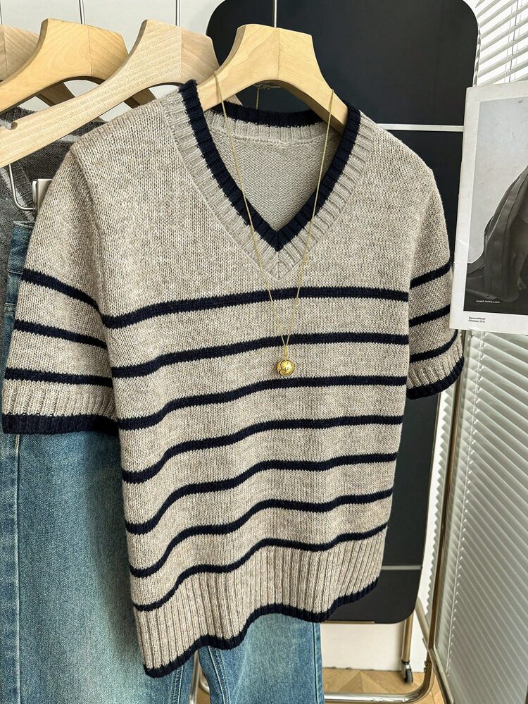 Franclia New Spring/Summer Korean Style Minimalist Casual Loose Fit Striped Colorblock Women's Knit Top - Khaki - View 8