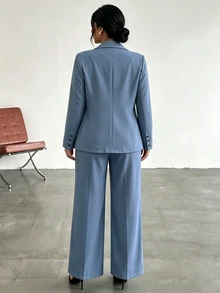 Vionelle 大尺碼女款優雅商務休閒辦公正式色塊翻領口袋單排扣西裝外套與長褲套裝 教師節 灰藍色 秋季 - 灰色 - 查看 2
