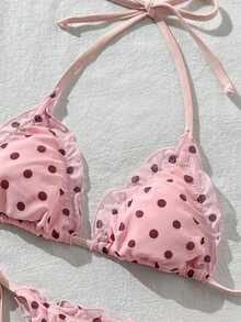 Swim Mod 女款春夏隨機印花掛脖荷葉邊比基尼套裝，海灘派對粉色與棕色波點性感款 - 彩色 - 查看 4