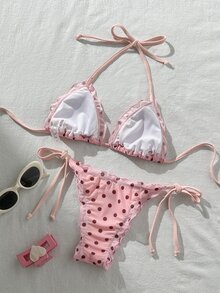 Swim Mod 女款春夏隨機印花掛脖荷葉邊比基尼套裝，海灘派對粉色與棕色波點性感款 - 彩色 - 查看 2