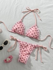 Swim Mod 女款春夏隨機印花掛脖荷葉邊比基尼套裝，海灘派對粉色與棕色波點性感款 - 彩色 - 查看 1
