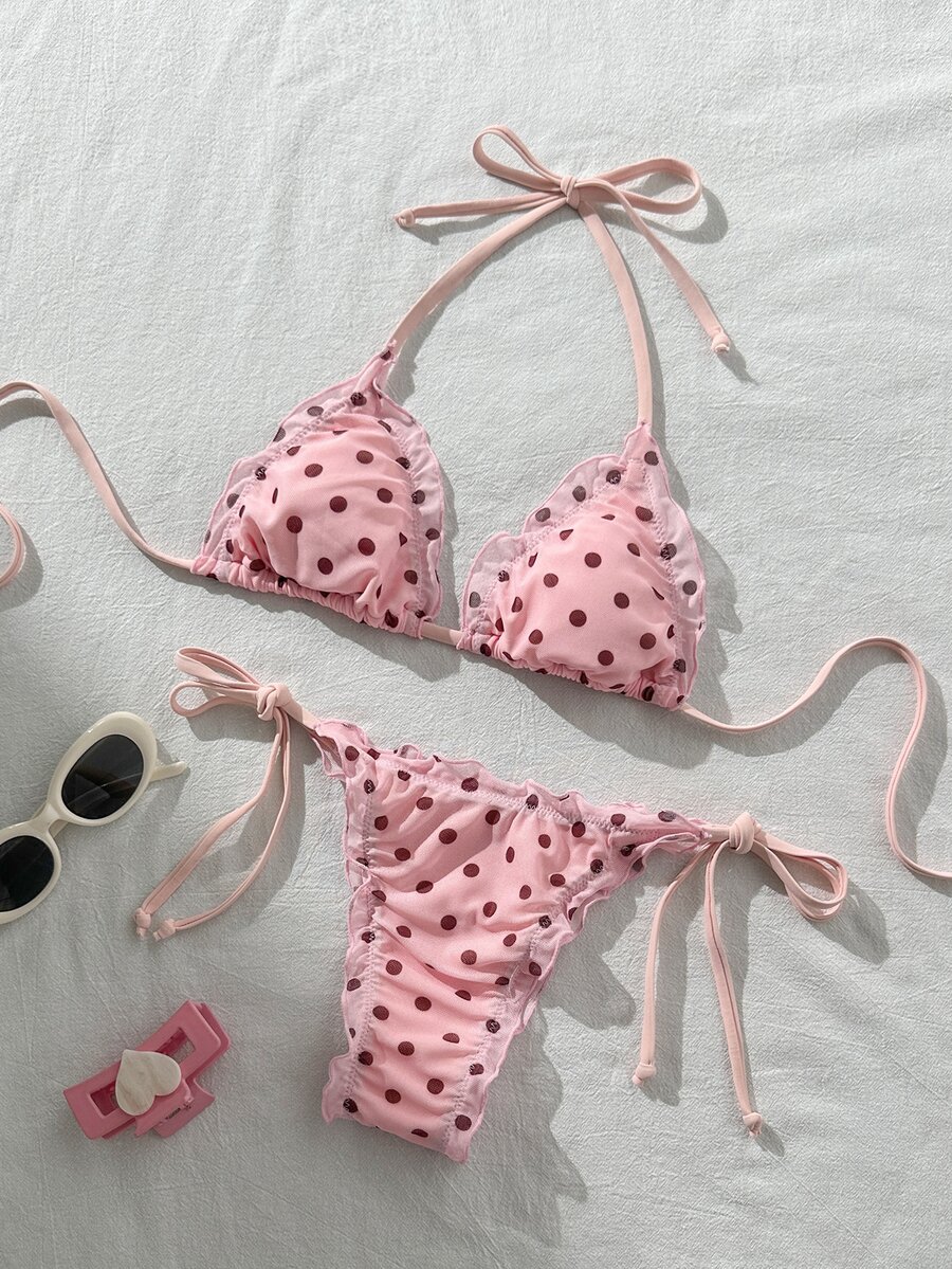 Swim Mod 女款春夏隨機印花掛脖荷葉邊比基尼套裝,海灘派對粉色與棕色波點性感款 - 彩色 - 查看 1