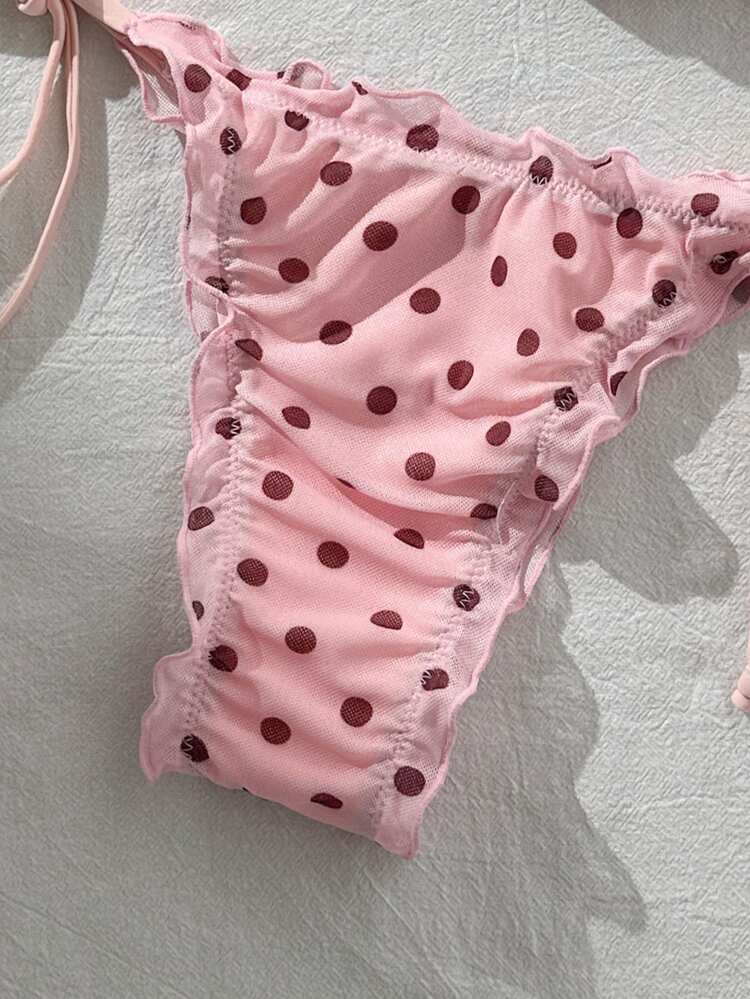 Swim Mod Set Bikini Wanita Musim Semi/Panas Motif Acak Leher Halter dengan Rumbai, Pesta Pantai, Polkadot Merah Muda dan Cokelat Seksi - MultiWarna - View 5