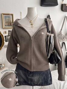 Lalippa Women's Vintage Embroidered Zipper Long Sleeve Hooded Knit Cardigan - Coffee Brown - View 1