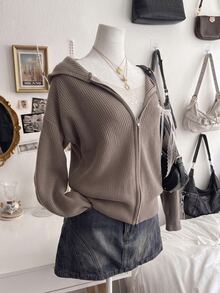 Lalippa Women's Vintage Embroidered Zipper Long Sleeve Hooded Knit Cardigan - Coffee Brown - View 3