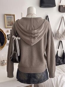 Lalippa Women's Vintage Embroidered Zipper Long Sleeve Hooded Knit Cardigan - Coffee Brown - View 2