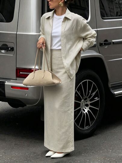 SHEIN PariChic Women's French Style Commuter 2 Pieces Set, Loose Lapel Single-Breasted Long Sleeve Shirt Paired With High-Waisted Cinched Straight Long Skirt, Back Slit With Pockets, Linen-Like Fabric Minimalist Sophisticated, Relaxed Slimming, Suitable For Autumn/Winter Commute, Vacation, Daily Wear, Effortless Elegant Outfit
