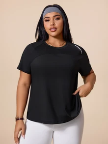 SHEIN Rhythm Era Women's Plus Size Letter Print Short Sleeve Sports T-Shirt - Black - View 7