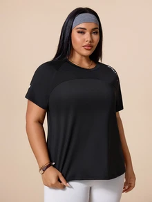 SHEIN Rhythm Era Women's Plus Size Letter Print Short Sleeve Sports T-Shirt - Black - View 4