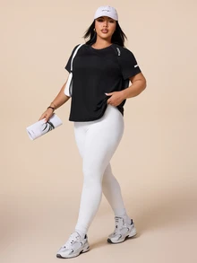 SHEIN Rhythm Era Women's Plus Size Letter Print Short Sleeve Sports T-Shirt - Black - View 8