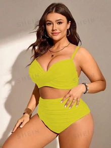 SHEIN Swim Curve 大码女式两件套纯色褶皱吊带比基尼泳衣套装，时尚简约，适合度假 - 黃色 - 查看 3